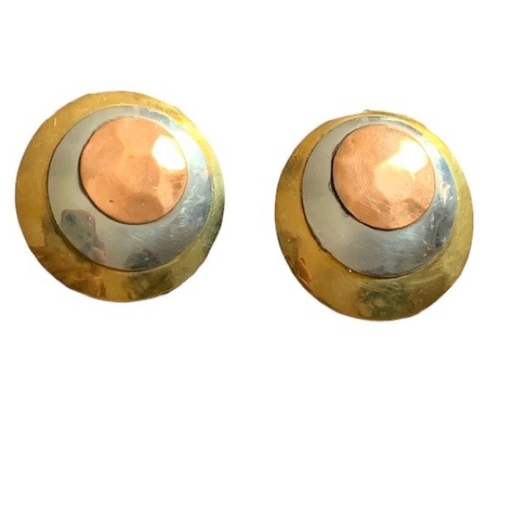 Vintage Estate Earrings Three Tone Hammered Copper Silver Gold Clip On Jewelry - Picture 2 of 7